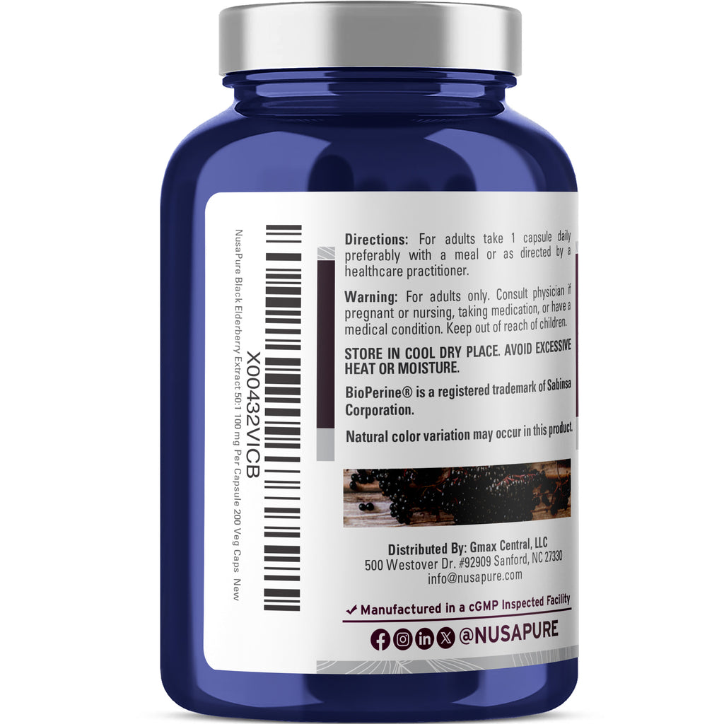 NusaPure Black Elderberry 50:1 Extract, 100 mg per Veggie Capsules, 200 Count (Vegan, Non-GMO, Bioperine) Dietary Supplement