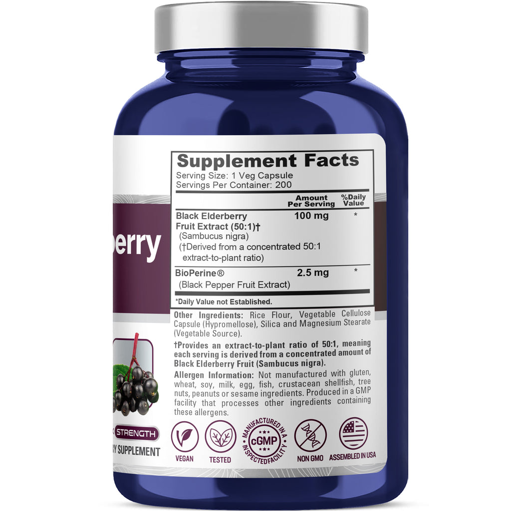 NusaPure Black Elderberry 50:1 Extract, 100 mg per Veggie Capsules, 200 Count (Vegan, Non-GMO, Bioperine) Dietary Supplement