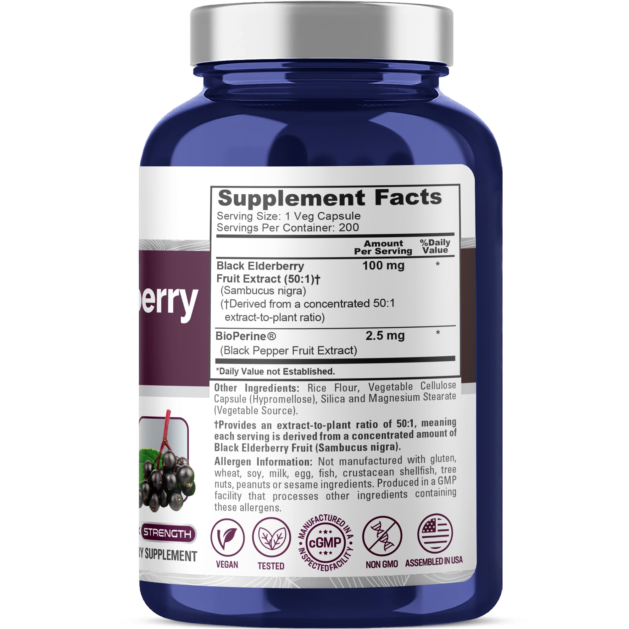 NusaPure Black Elderberry 50:1 Extract, 100 mg per Veggie Capsules, 200 Count (Vegan, Non-GMO, Bioperine) Dietary Supplement