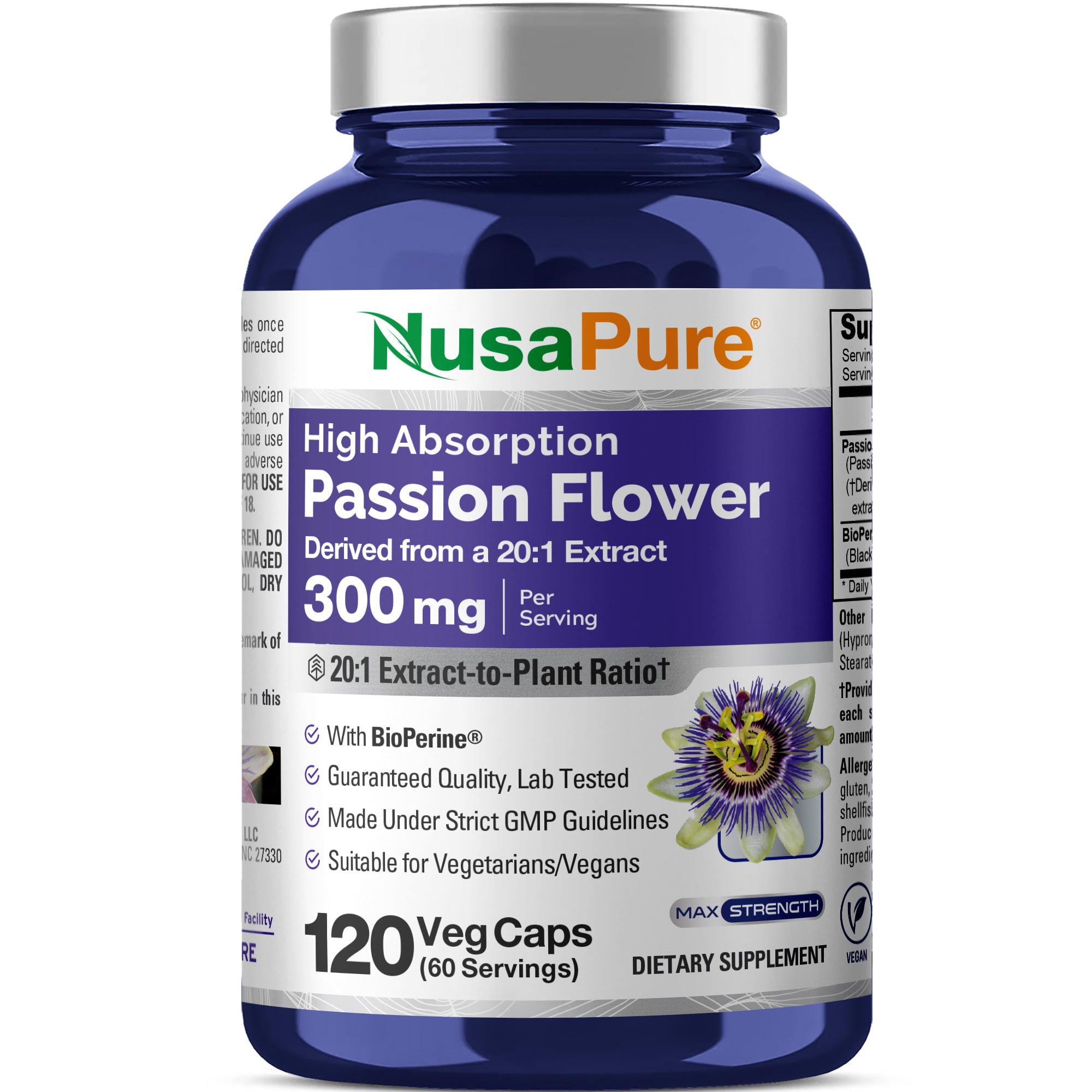 NusaPure Passion Flower 20:1 Extract, 300 mg, 120 Veggie Caps, Non-GMO, Bioperine, Extract Supplement