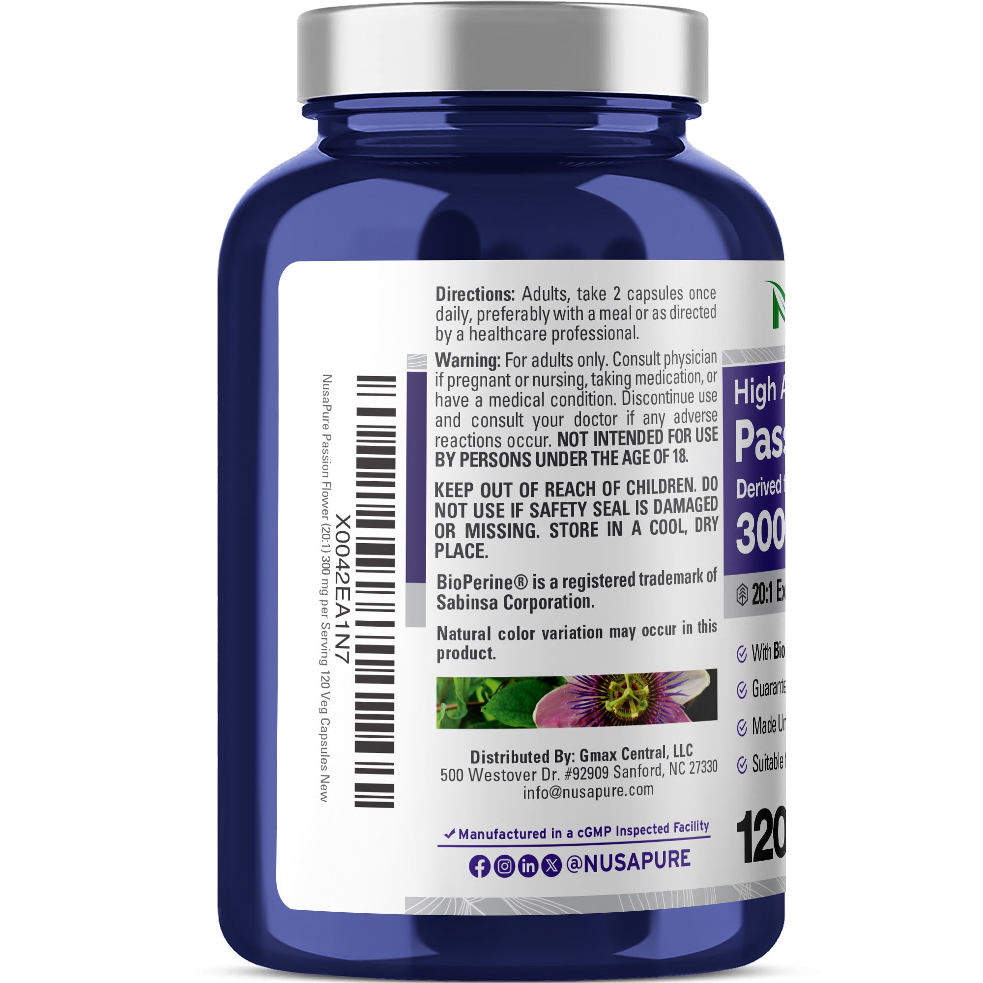NusaPure Passion Flower 20:1 Extract, 300 mg, 120 Veggie Caps, Non-GMO, Bioperine, Extract Supplement