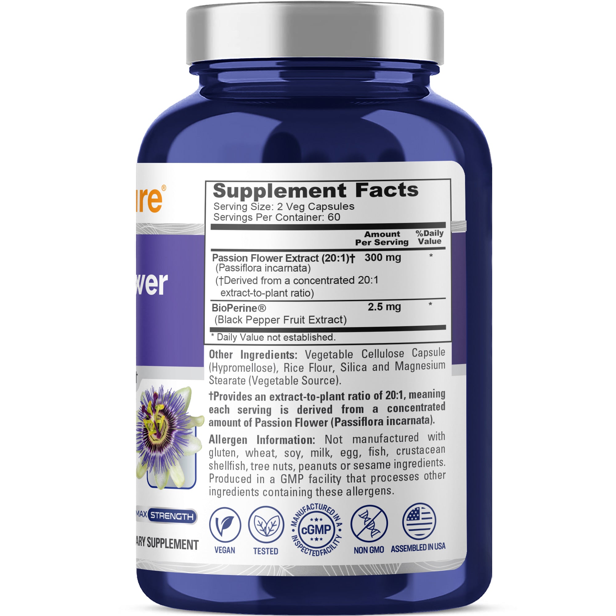 NusaPure Passion Flower 20:1 Extract, 300 mg, 120 Veggie Caps, Non-GMO, Bioperine, Extract Supplement