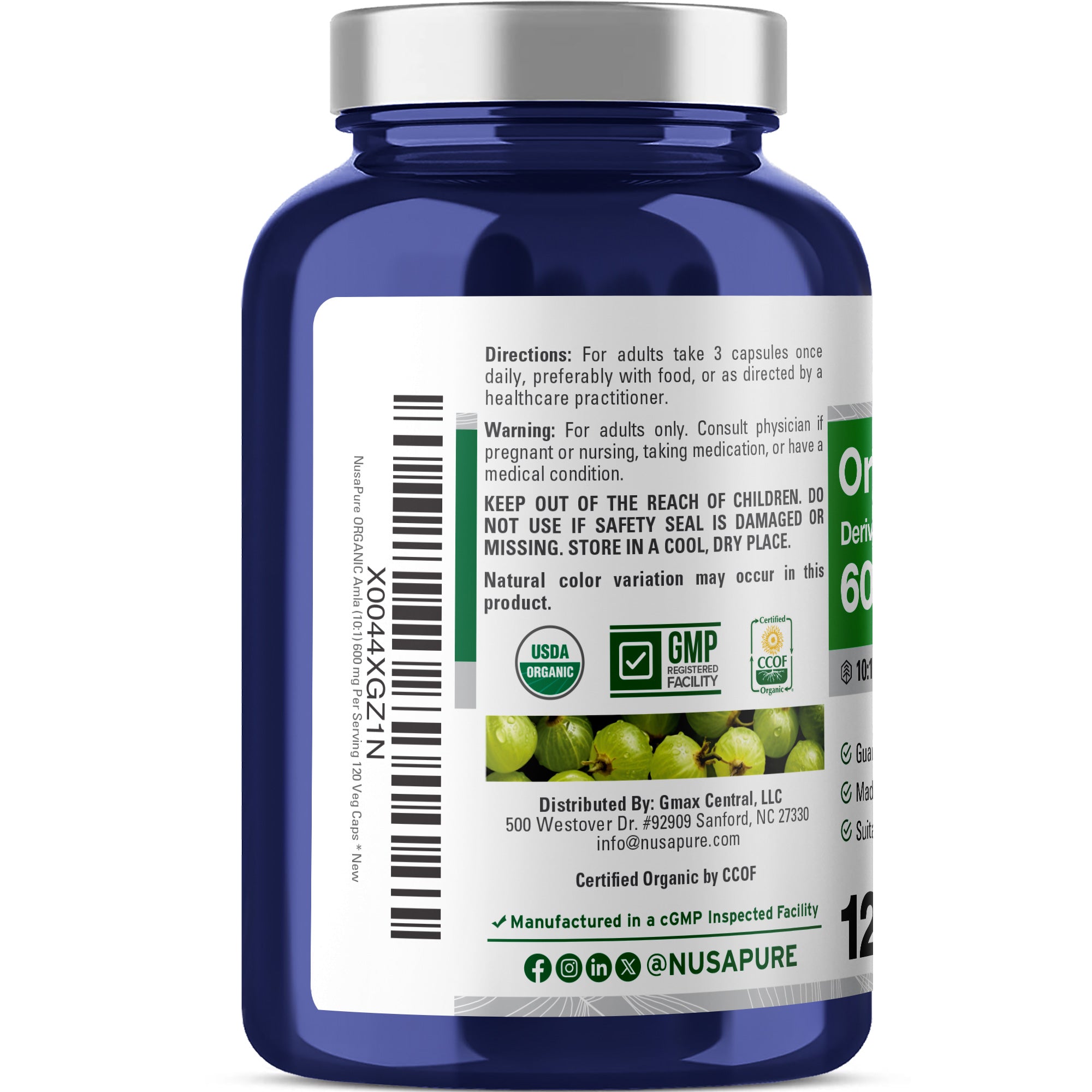 NusaPure Organic Amla Capsules 10:1 Extract, 600 mg | 120 Count | Amalaki Fruit | USDA, Vegan, Non-GMO Supplement