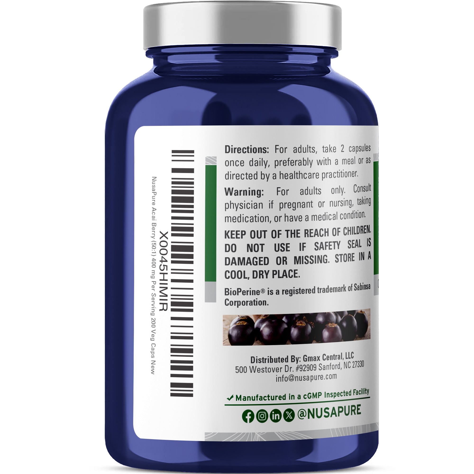 NusaPure Acai Berry, 400 mg, 200 Veg Capsules (Non-GMO, Vegan)
