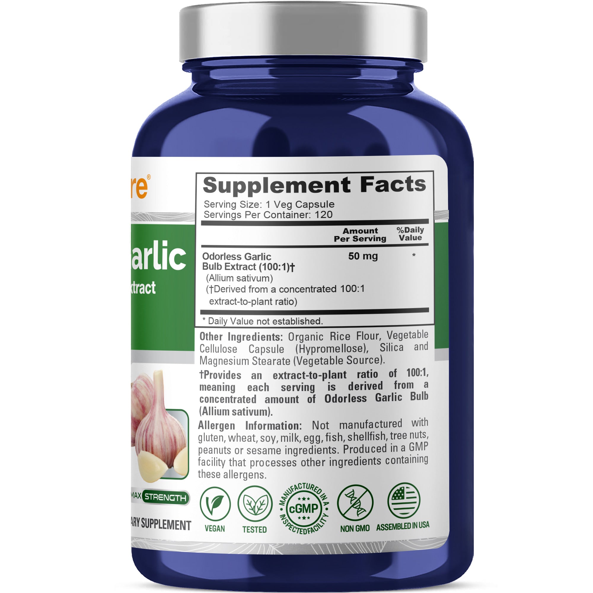 NusaPure Odorless Garlic 100:1 Extract, 50 mg Capsule | 120 Veggie Caps | High Potency | Herbal Supplement | Non-GMO