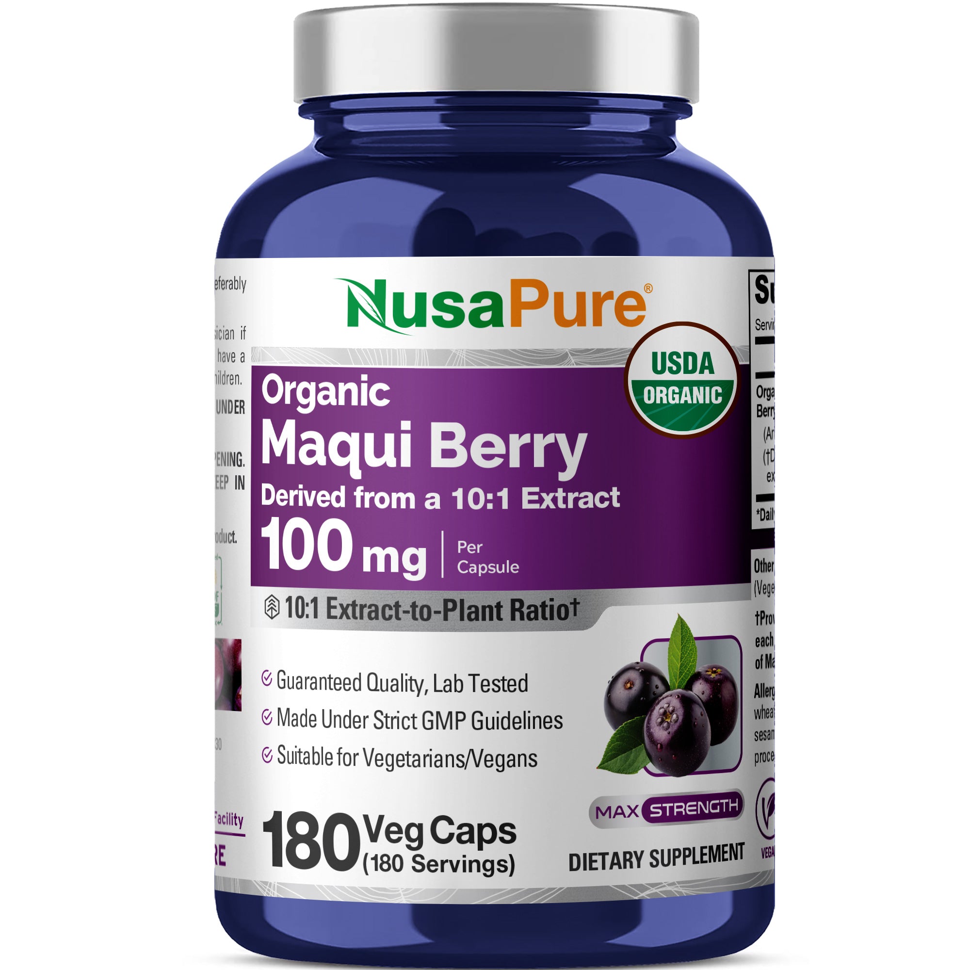 NusaPure USDA Organic Maqui Berry 10:1 Extract, 100 mg 180 Veg Caps Suitable for Vegetarians and Vegans, Non-GMO