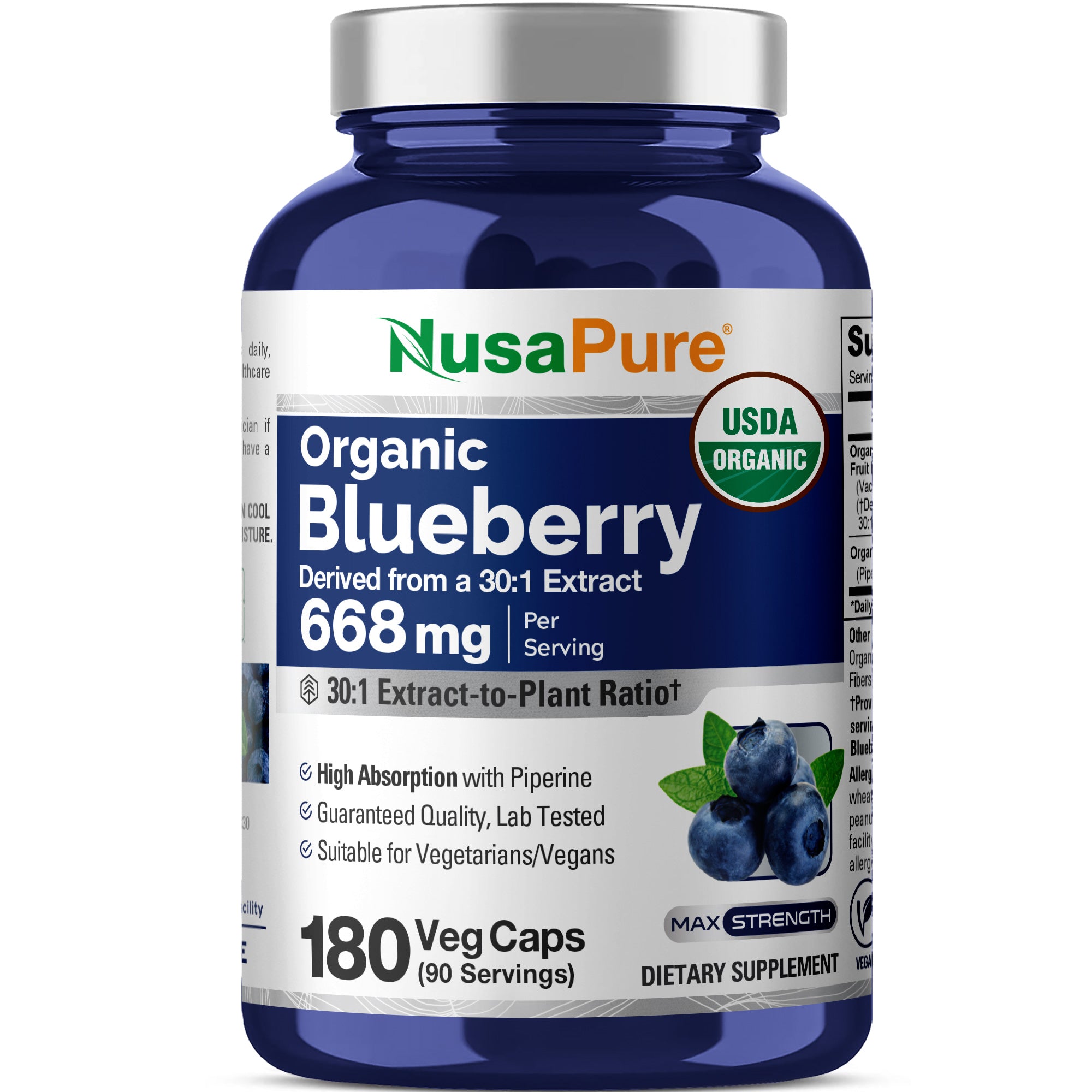 NusaPure Blueberry Concentrate 30:1 Extract, 667 mg 180 Veg Caps Suitable for Vegetarian, Vegan, Non-GMO