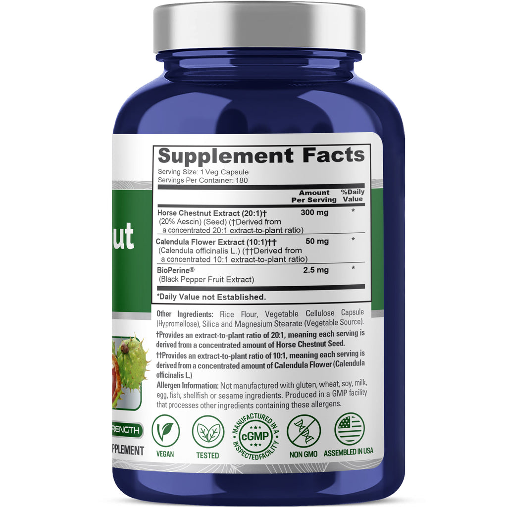 NusaPure Horse Chestnut 20:1 Extract, 300 mg 180 Veggie Caps Non-GMO, Vegan, BioPerine, Calendula Flower