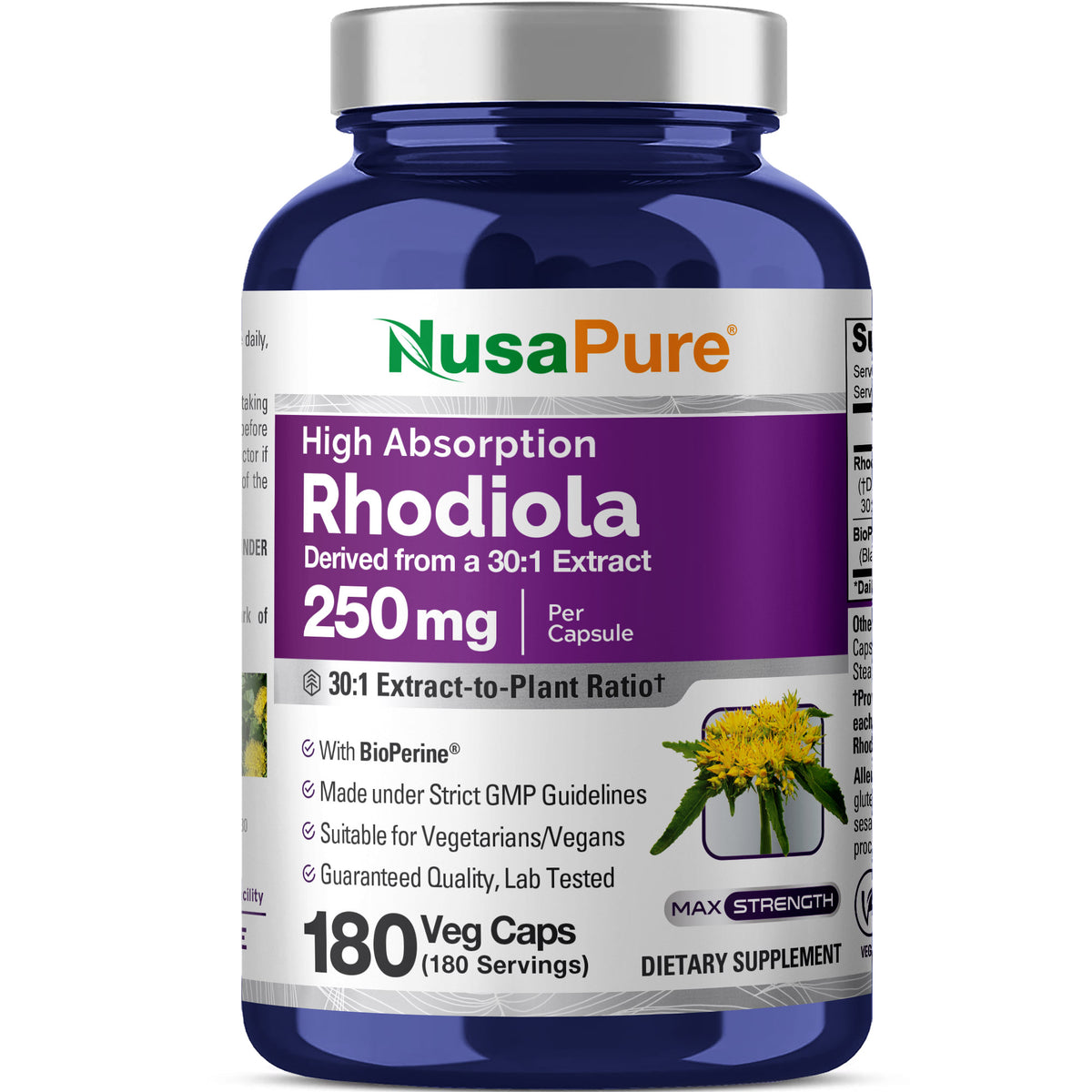 nusapure glutathione Rhodiola Rosea 250mg 180 Veggie Capsules (Non-GMO, Extract 30 5-Amino-1MQ - Pure Health Size:90 Capsules Sensitive Skin