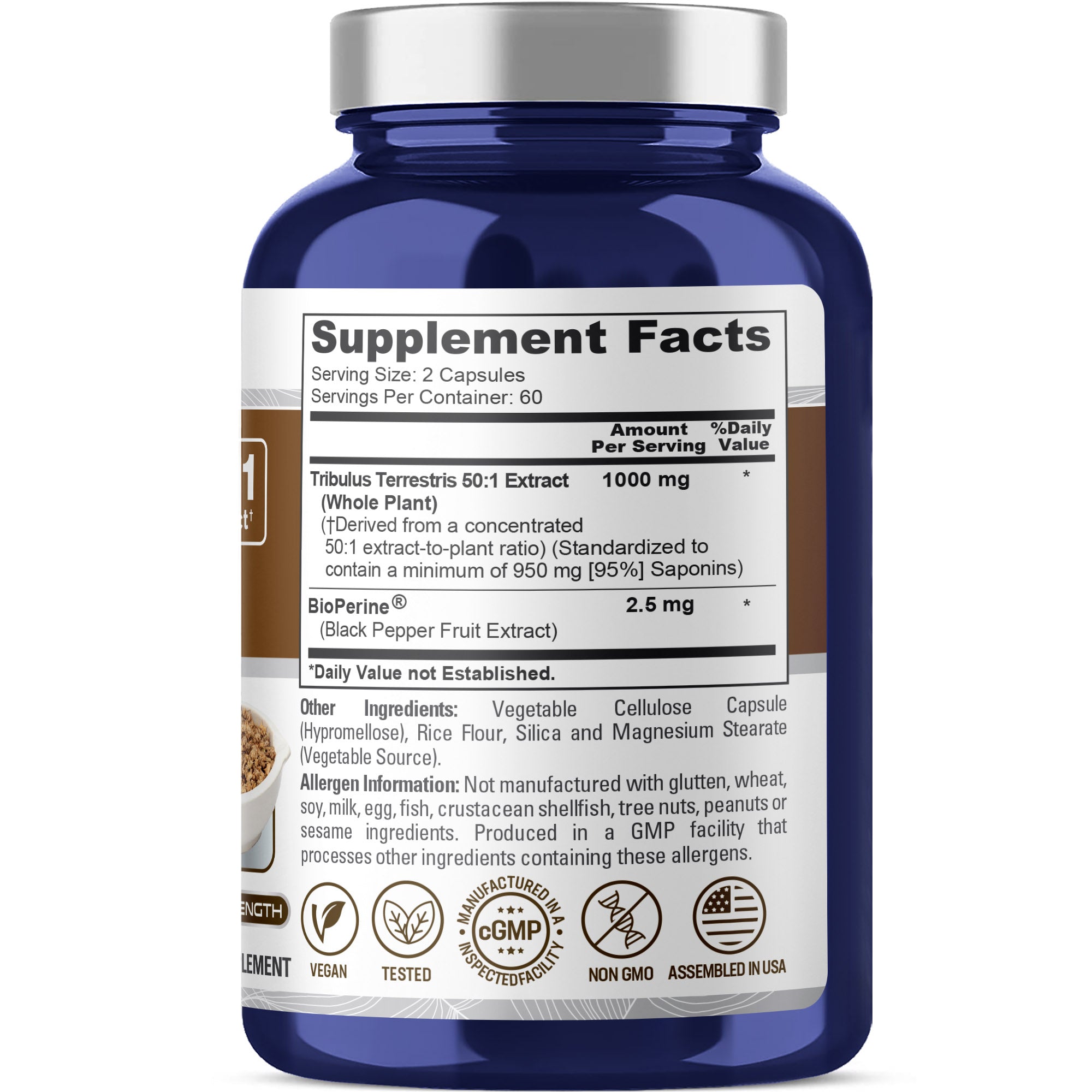 NusaPure Tribulus Terrestris 50:1 Extract, 1000 mg | 120 Veggie Caps | 95% Steroidal Saponins | Non-GMO, Bioperine