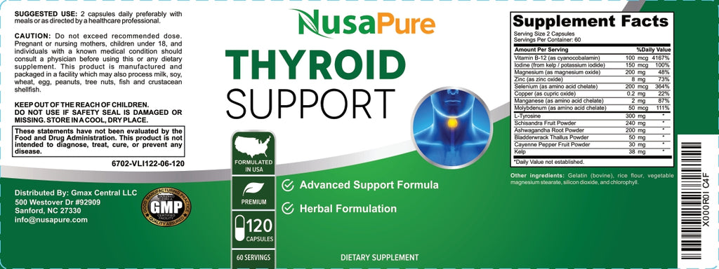 NusaPure Thyroid Support Supplement (Non-GMO) 120 caps, Ashwaganda, Iodine, Zinc, kelp, Vitamin B12, L-Tyrosine, Selenium, Copper