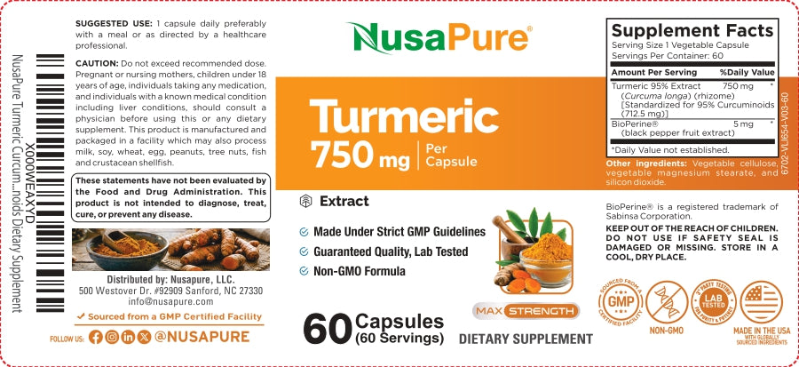 NusaPure Turmeric, Non-GMO, 750mg, 60 Capsules - 60 Servings