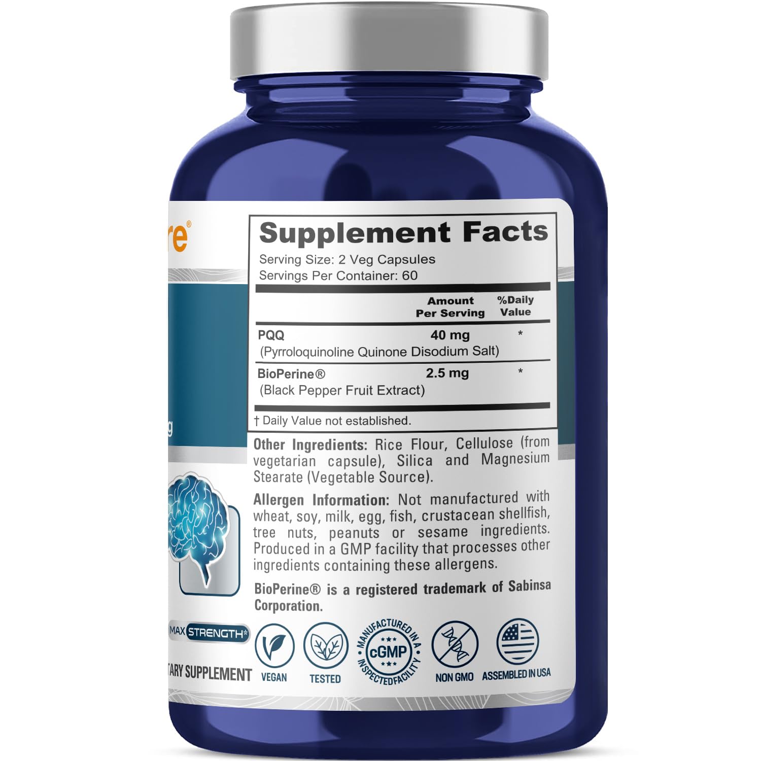 NusaPure PQQ Supplement 40 mg, 120 Veggie Capsules, Non-GMO, Pyrroloquinoline Quinone Disodium Salt, Bioperine