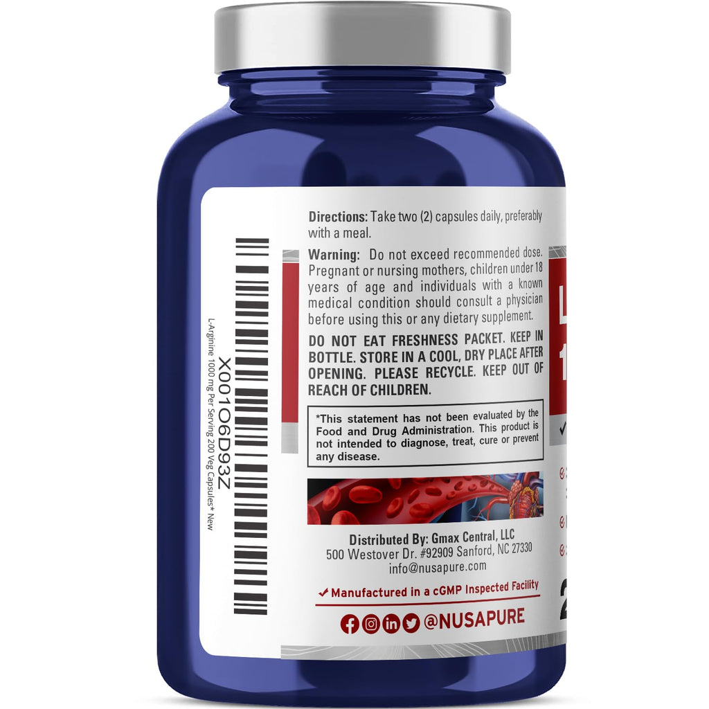 NusaPure L-Arginine 1000 mg 200 Veggie Capsules (Non-GMO, Vegetarian, Vegan)