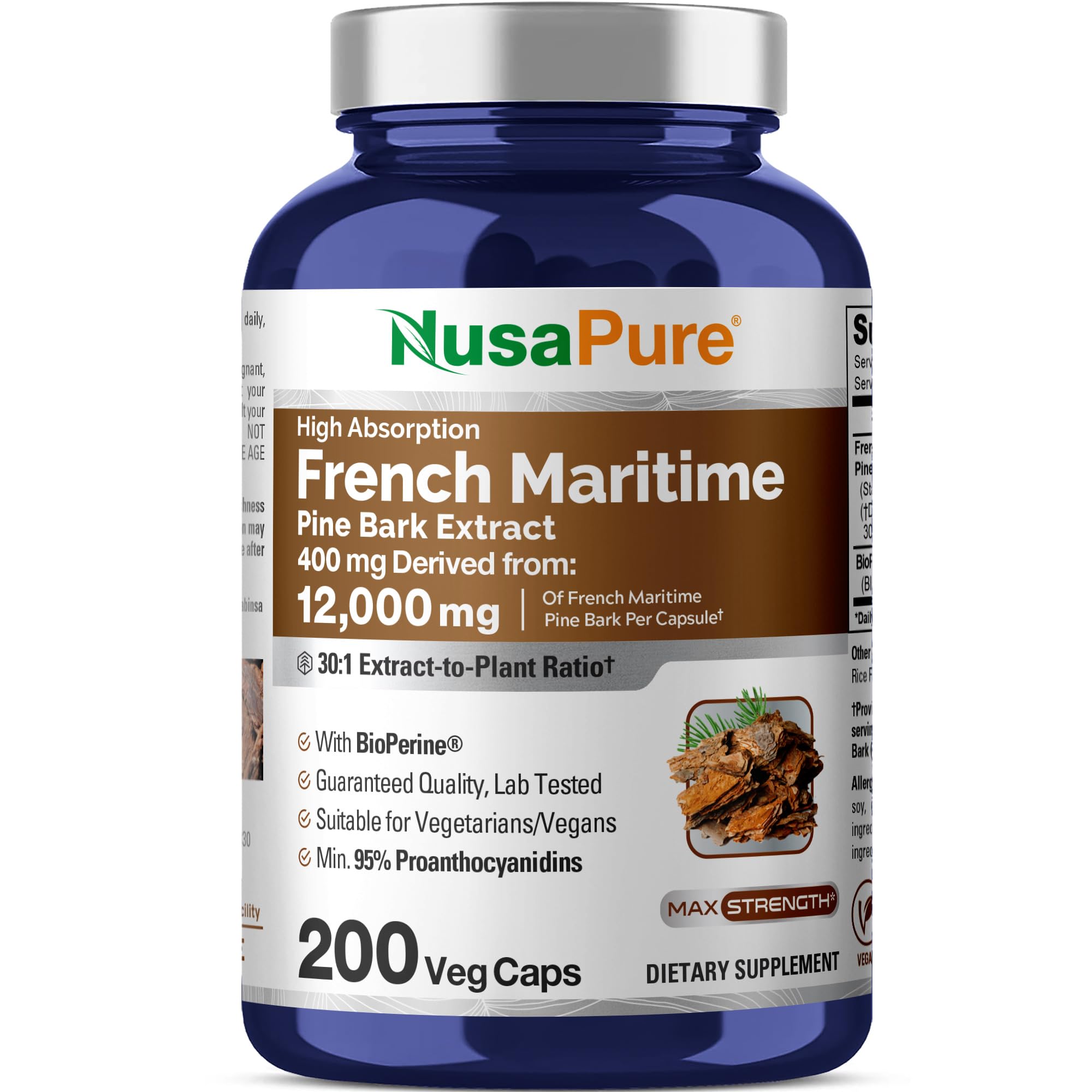 NusaPure French Maritime Pine Bark 30:1 Extract, 400 mg Equivalent to 12,000 mg Per Veggie Caps 200-Day Supply, Bioperine (Non-GMO & Vegan)