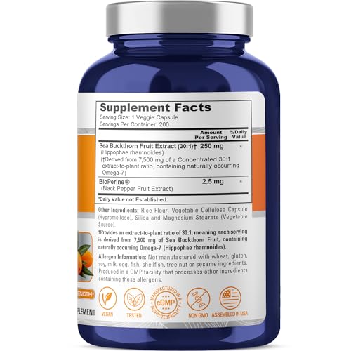NusaPure Sea Buckthorn Omega-7 30:1 Extract, 250 mg Equivalent to 7,500mg per Veggie Caps - 200 Capsules - Non-GMO & Vegan