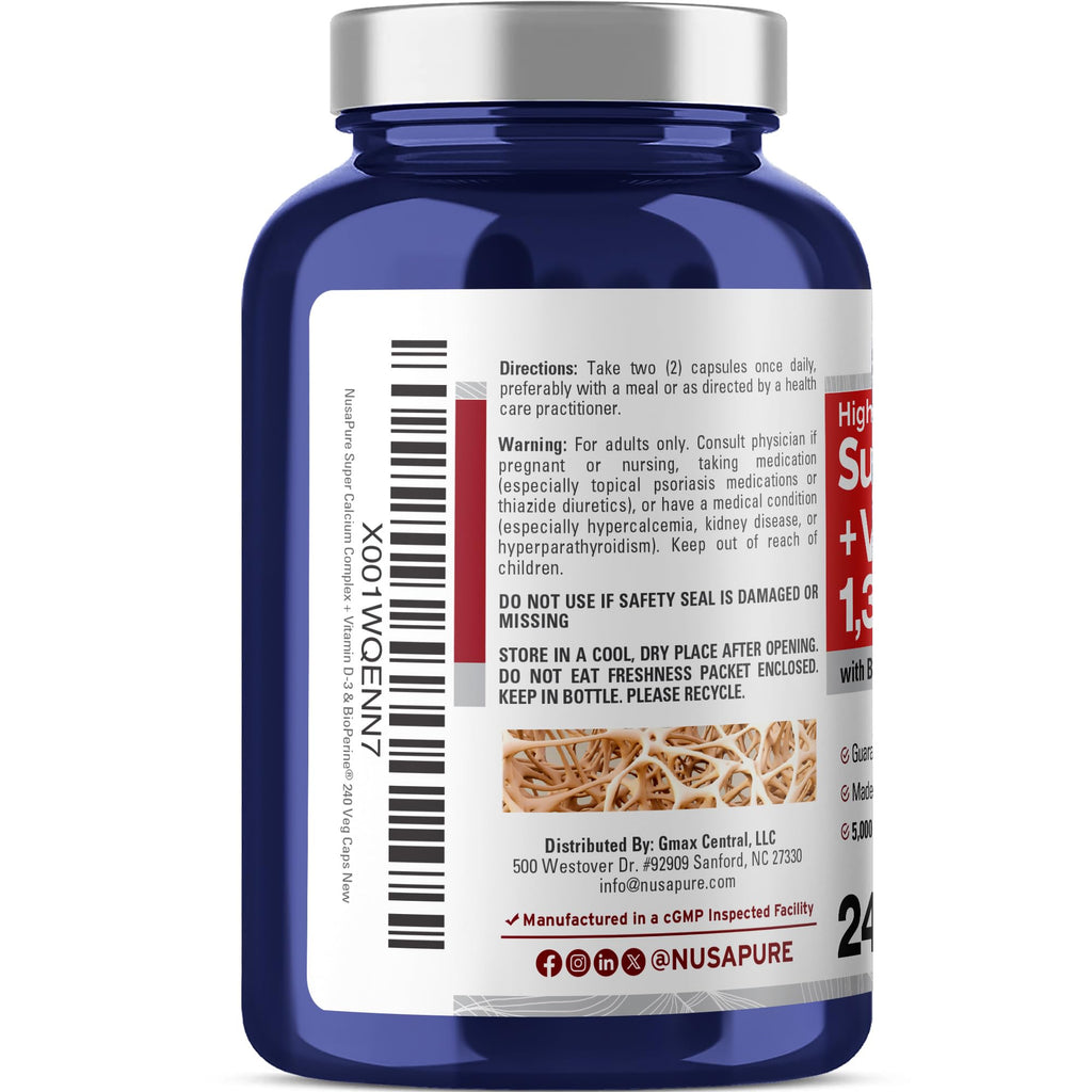 NusaPure Super Calcium with Vitamin D 3 & Calcium Citrate - Suitable for Vegetarian/Vegan, Non - GMO - 1300mg - 240 Capsules