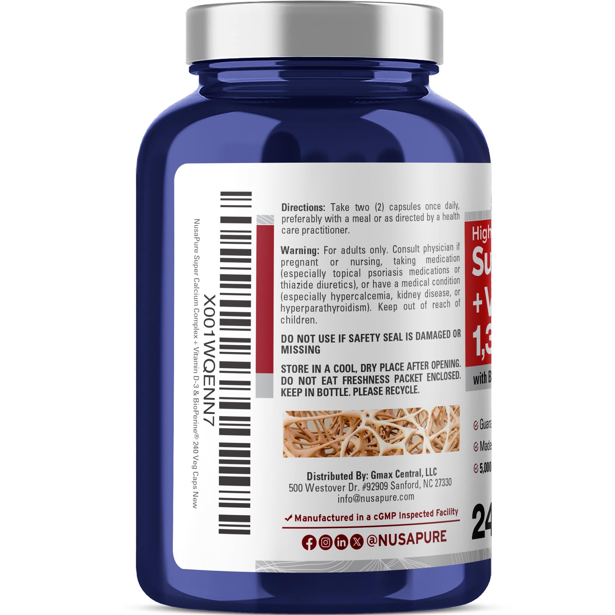 NusaPure Super Calcium with Vitamin D 3 & Calcium Citrate - Suitable for Vegetarian/Vegan, Non - GMO - 1300mg - 240 Capsules
