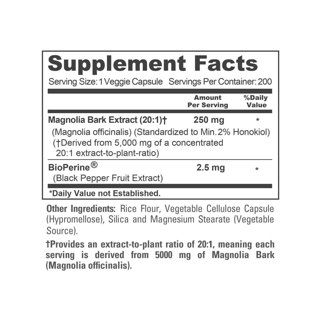 NusaPure Magnolia Bark 20:1 Extract, 250 mg Equivalent to 5,000 mg 200 Vegan Vegetarian Capsules Non-GMO