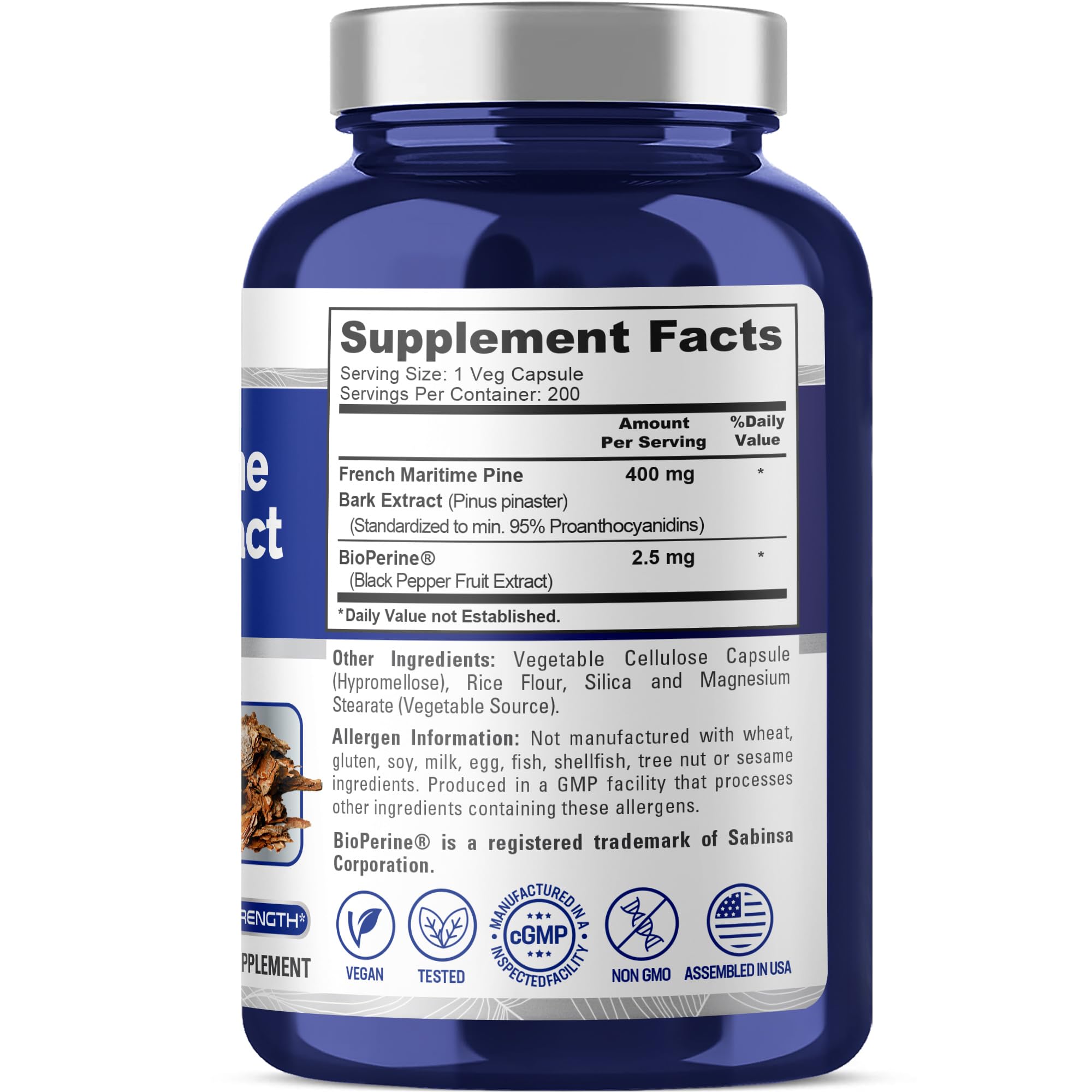 NusaPure French Maritime Pine Bark Extract 400mg per Veggie Caps 200-Day Supply Bioperine Non-GMO Vegan