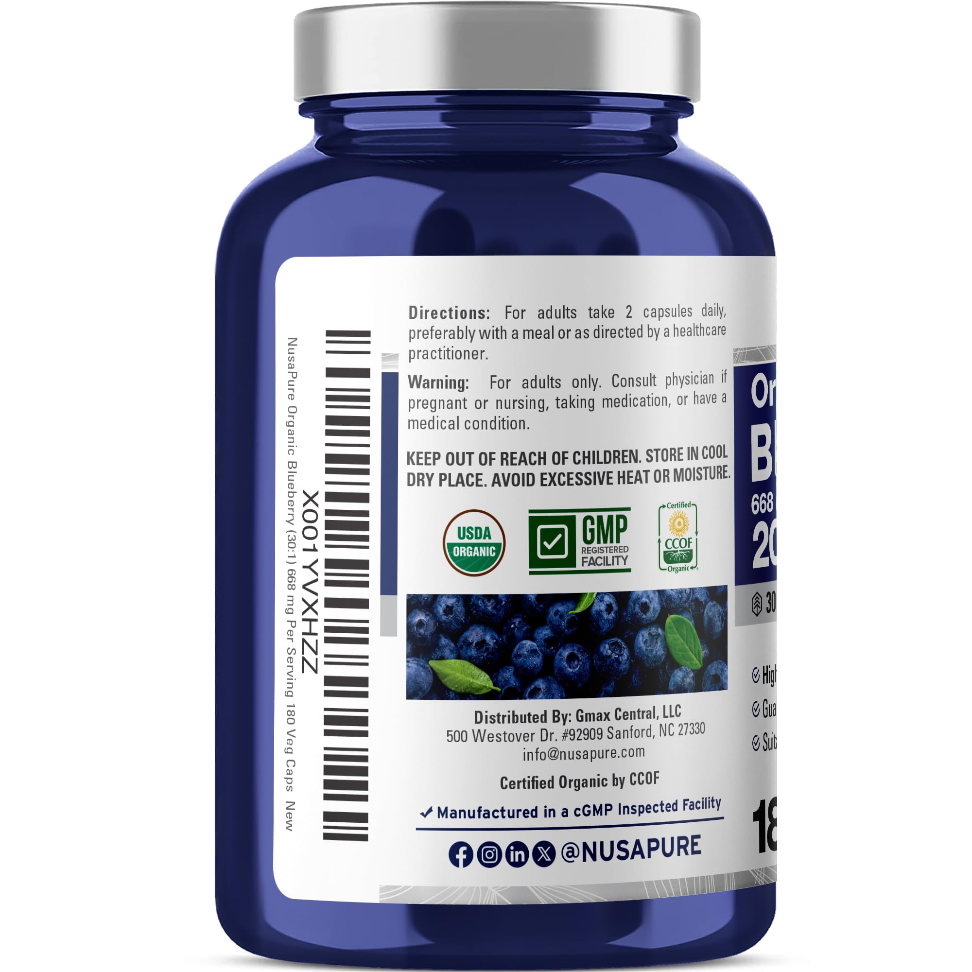 NusaPure Blueberry Concentrate 30:1 Extract, 667 mg Equivalent to 20,000 mg 180 Veg Caps Suitable for Vegetarian, Vegan, Non-GMO