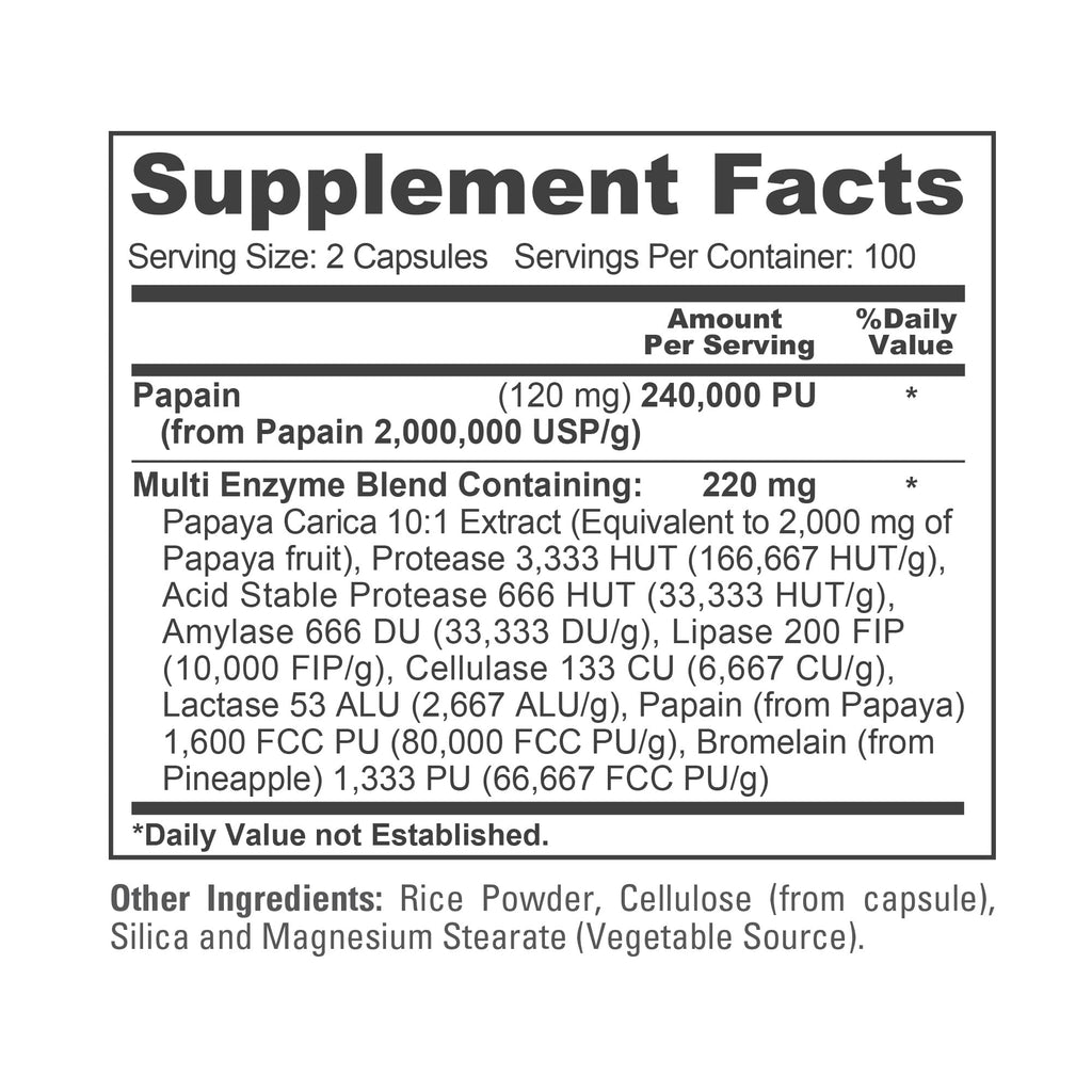 NusaPure Papaya Papain Enzyme Complex 240,000 PU - 200 Veggie Caps - Suitable for Vegetarian, Vegan Non-GMO