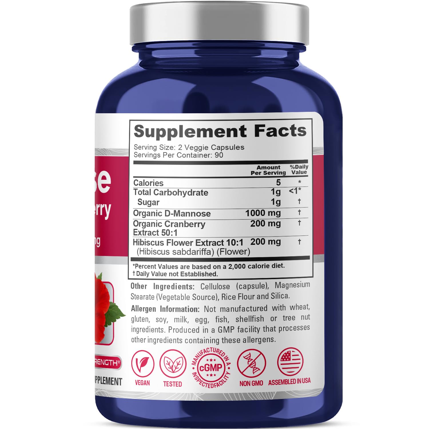 NusaPure D-Mannose Complex 1400 mg (with Hibiscus and Cranberry) - 180 Veggie Caps.