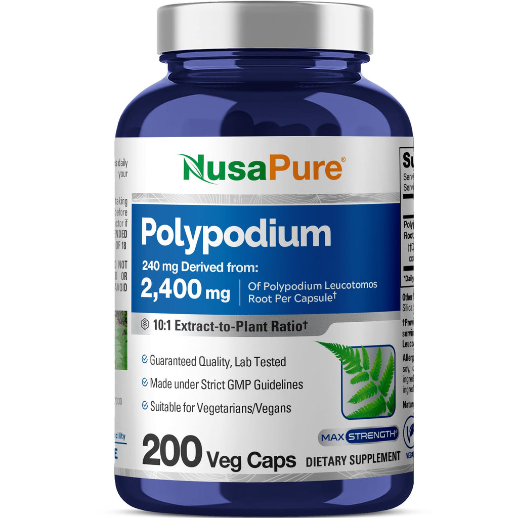 NusaPure Polypodium Leucotomos 10:1 Extract, 240 mg Equivalent to 2400mg 200 Veggie Capsules (Vegetarian, Non-GMO, Vegan)