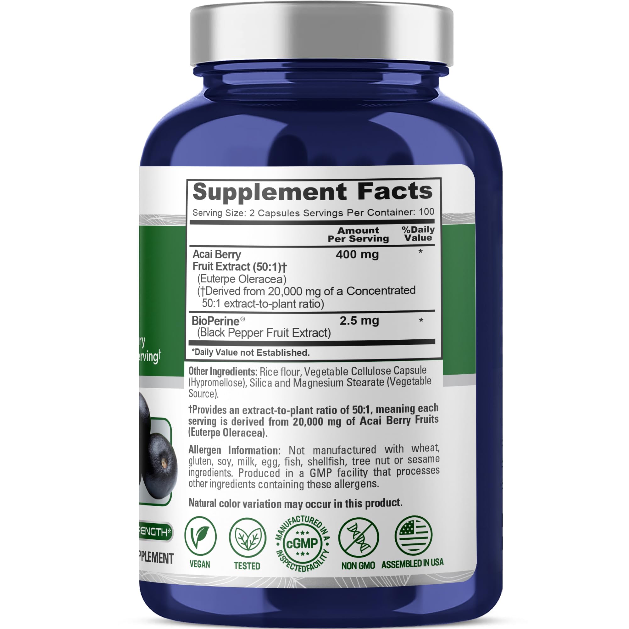 NusaPure Acai Berry Capsules 20000mg | 200 Veggie Caps | Non-GMO, Extract 50:1, Bioperine