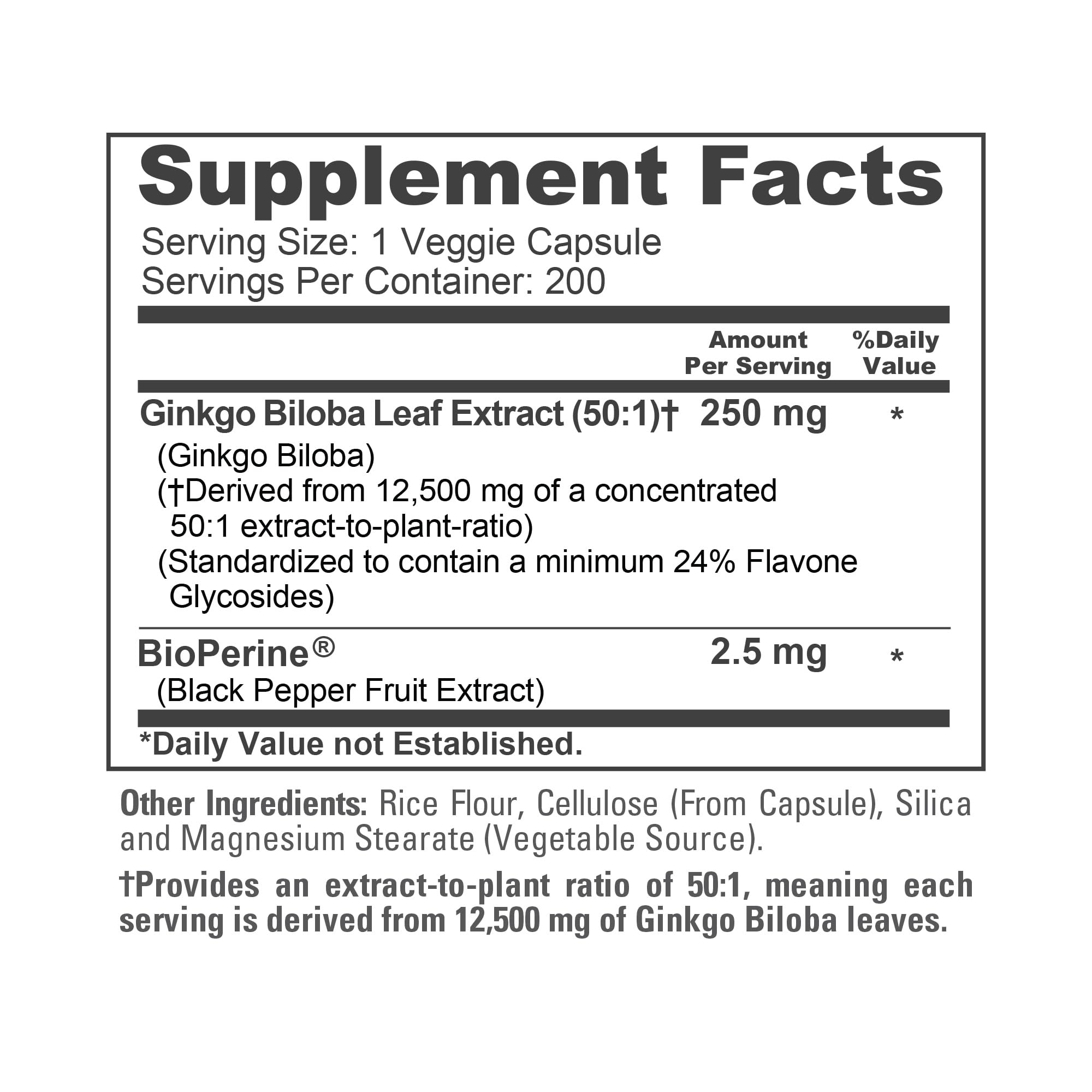 NusaPure Ginkgo Biloba 50:1 Extract, 250 mg Equivalent to 12,500 mg per Veggie Caps 200 Capsules (Vegetarian, Non-GMO, Vegan) Bioperine