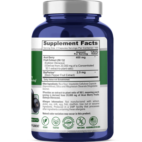 NusaPure Acai Berry Capsules 20000mg | 200 Veggie Caps | Non-GMO, Extract 50:1, Bioperine