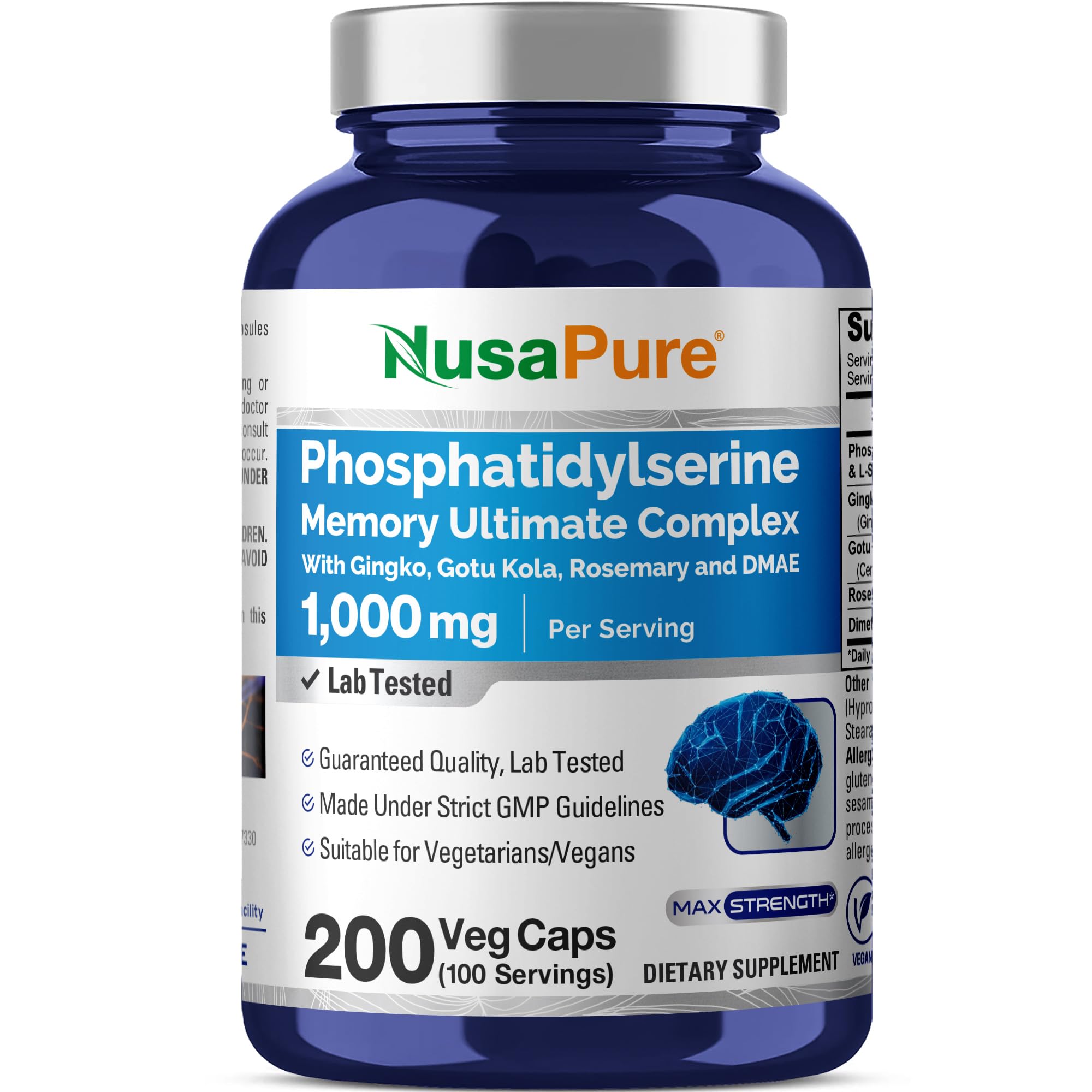 NusaPure Phosphatidylserine Memory Ultimate Complex 1000mg 200 Vegetarian Caps (Vegan, Non-GMO)