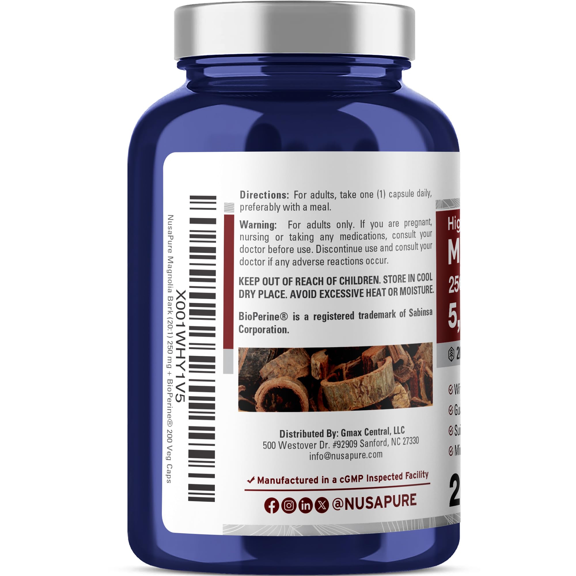 NusaPure Magnolia Bark 20:1 Extract, 250 mg Equivalent to 5,000 mg 200 Vegan Vegetarian Capsules Non-GMO