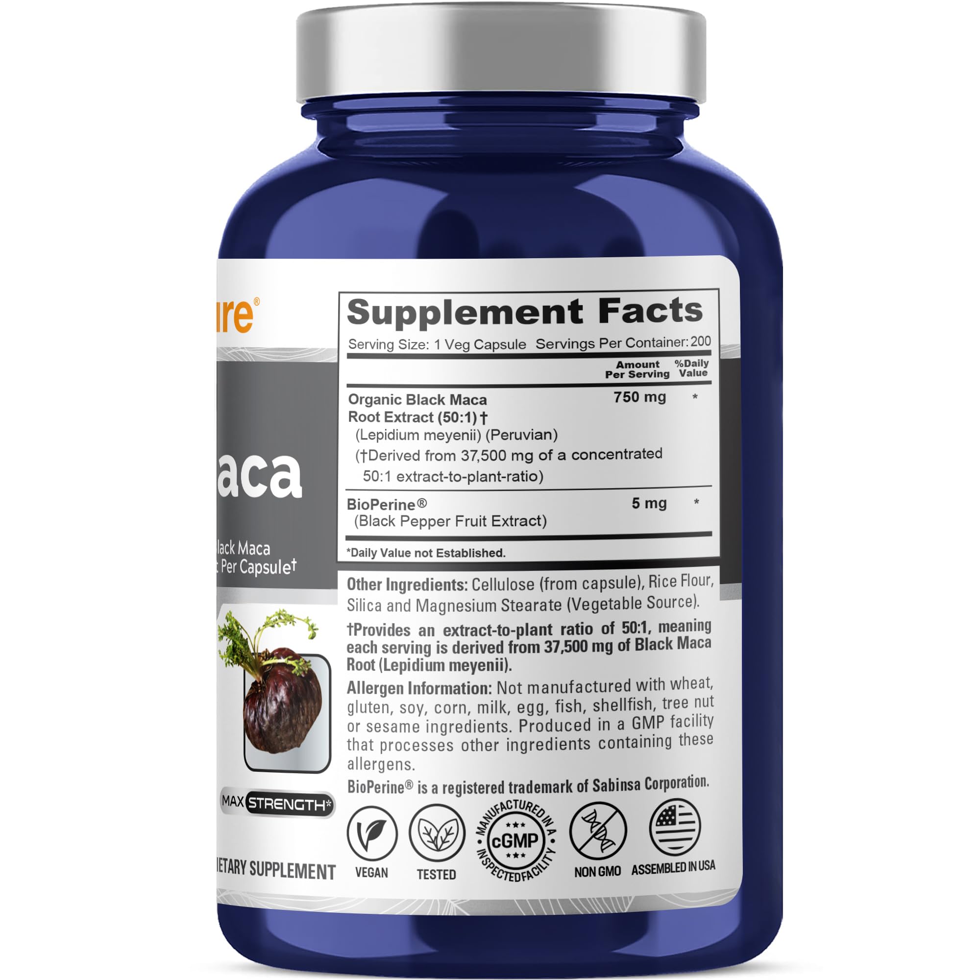 NusaPure Peruvian Black Maca Root Extract 50:1 - Suitable for Vegetarian/Vegan, Non - GMO - 37500 mg - 200 Capsules